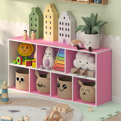 Étagère à livres rose à 7 cubes, bibliothèque pour enfants, rangement pour jouets, organisateur cubique, bibliothèque, 24 x 50 x 106 cm, pour l'organisation et le rangement, salle de jeux, chambre d'enfant, blanc/rose