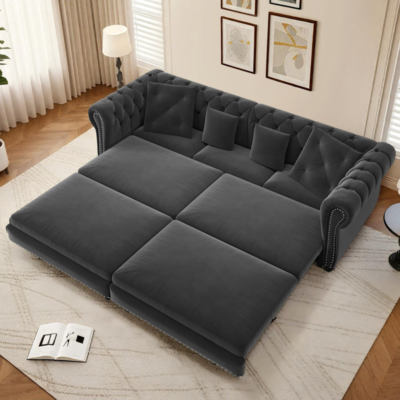 89" Pull-Out Sleeper Sofa Velvet Chesterfield Sofa Convertible Couch Bed, Gray