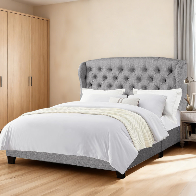 Fabric Upholstered Bed,Tufted Headboard Adjustable Height Bed Frame, Gray, King