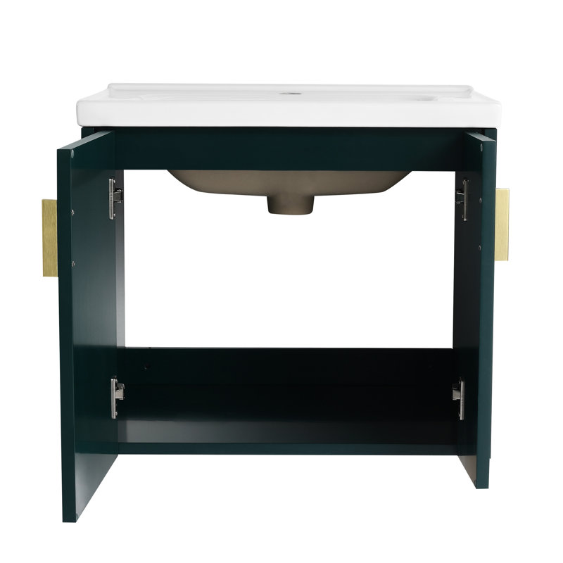 Meuble-lavabo de 24 po avec lavabo en céramique, fixation murale pour les petites salles de bain, porte à fermeture en douceur et lavabo à poignées en métal terne, attrayant à fermeture en douceur