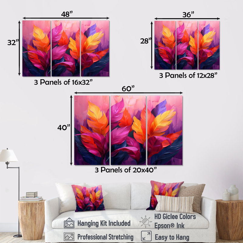 «Pink Yellow Feathered Fantasy I» «Pink Yellow Feathered Fantasy I» 3 pièces, Toile tendue, H 32 po x l 48 po