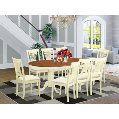 9 Piece Kitchen Table Set Includes an Oval Dining Table with Butterfly Leaf and 8 Linen Fabric Dining Room Chairs, Buttermilk & Cherry