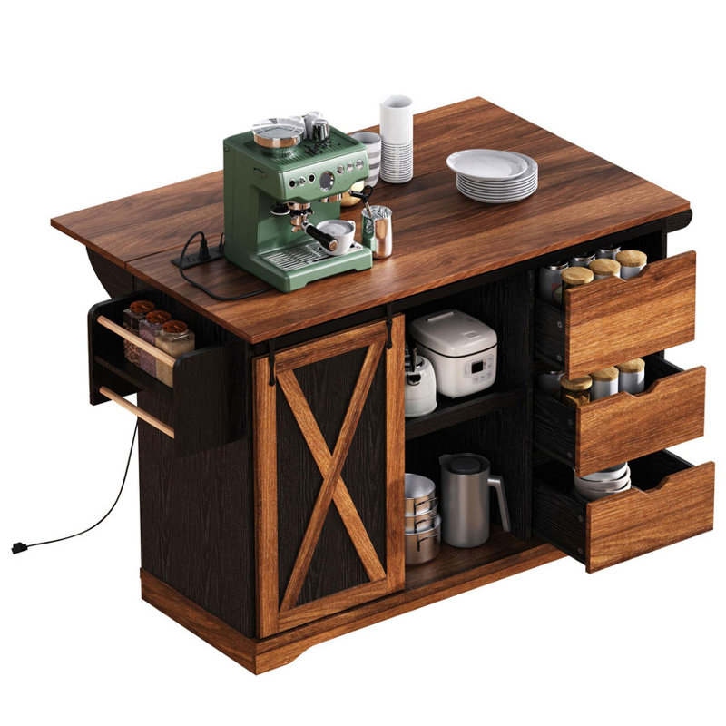 Farmhouse Kitchen Island with Drop Leaf | Barn Door Storage, Power Outlet & Wheeled Rolling Cart w/ Spice Rack – for Kitchen/Dining Room