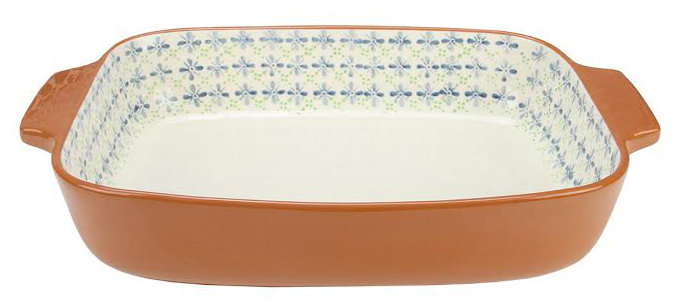 Plat de cuisson rectangulaire en terre cuite 14 po à fleurs vertes et bleues