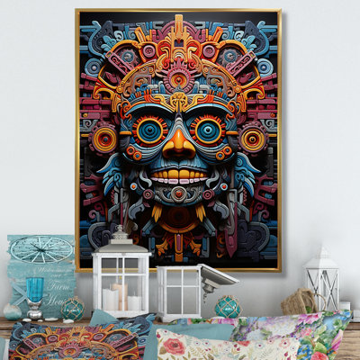 Albali Teal Orange Mexico Vibrant Aztec Mask - Mexico Framed Wall Art