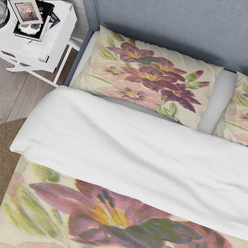 Ensemble de housse de couette traditionnel - Glaïeul rose clair et rose rétro - Microfibre de polyester