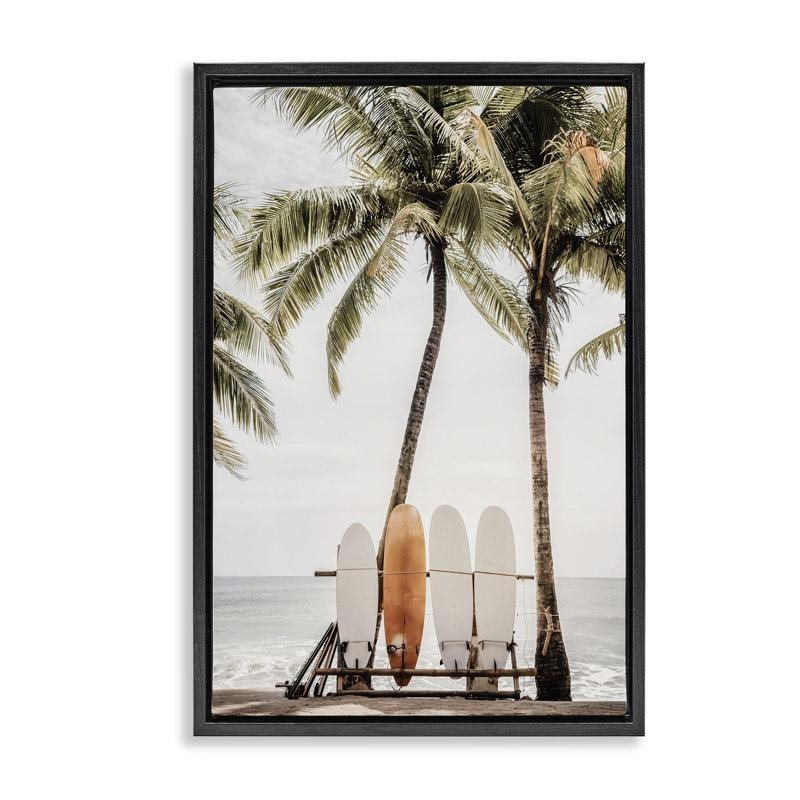  Toile flottante encadrée avec planches de surf Hawaii par Sissi et Seb, H 25 po x l 17 po, Cadre flottant noir de jais