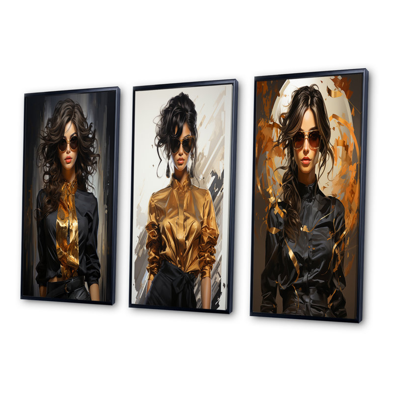 Mannequin haute couture en noir et or - Ensemble de 3 pièces d'art pour femme, Cadre flottant noir, H 40 po x l 60 po