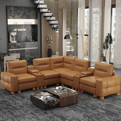 Modern Oversize 119" L-shaped Symmetry Genuine Leather Sofa With Solid Legs、 Storage End Tableand And Removable Square Armrests