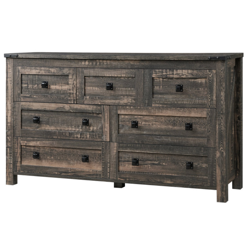 Addeline 54"W Farmhouse 7 - Drawers Dresser Organizer, Wood Rustic Wide Chest of Drawers, Dark Gray