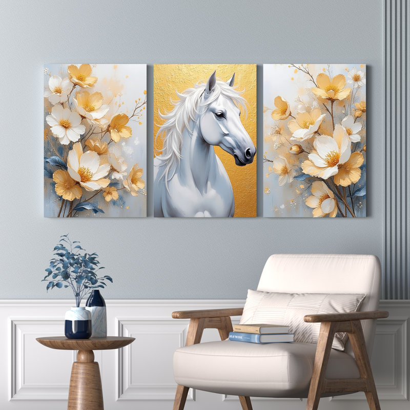 Tableau sur toile tendue représentant un cheval blanc et des fleurs dorées (lot de 3), H 18 po x l 36 po