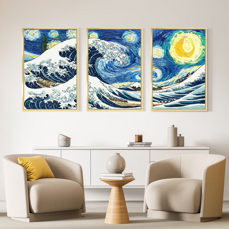 Encadré abstrait moderne - 3 pièces, reproduction sur cadre flottant sur toile, H 24 po x l 48 po x P 1,5 po, Or