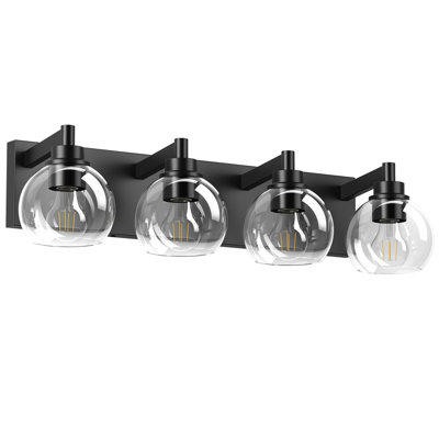 Luminaire de meuble-lavabo industriel 4 lumières au-dessus d'un miroir avec abat-jour en verre transparent et base en métal, luminaire de meuble-lavabo noir mat (ampoules non incluses)