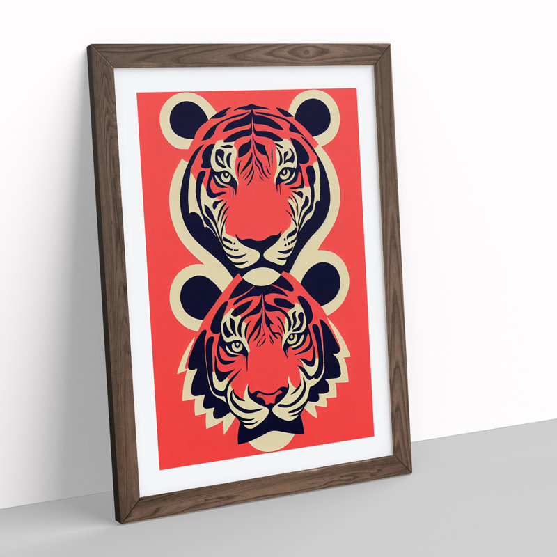 Two Tiger Heads - Single Picture Frame Print, 64cm H x 46cm W x 2cm D, Walnut 