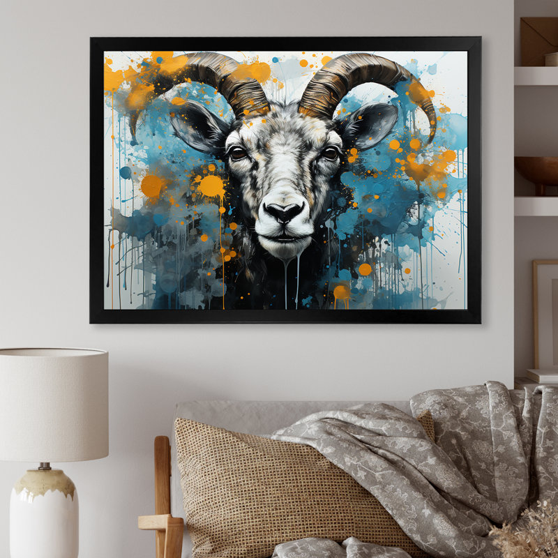«Blue Yellow Goat Blooms Portrait», art mural animal de chèvre, H 12 po x l 20 po x P 1 po, Cadre d'angle fermé noir
