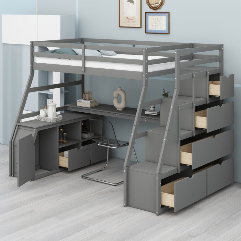 Lit mezzanine avec tiroirs, tablettes et bureau, Gris
