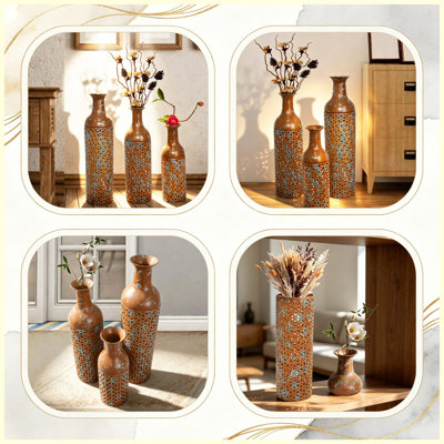 Ensemble de 3 vases de plancher décoratifs en métal, grands vases à motif de feuilles brunes rustiques pour la décoration intérieure