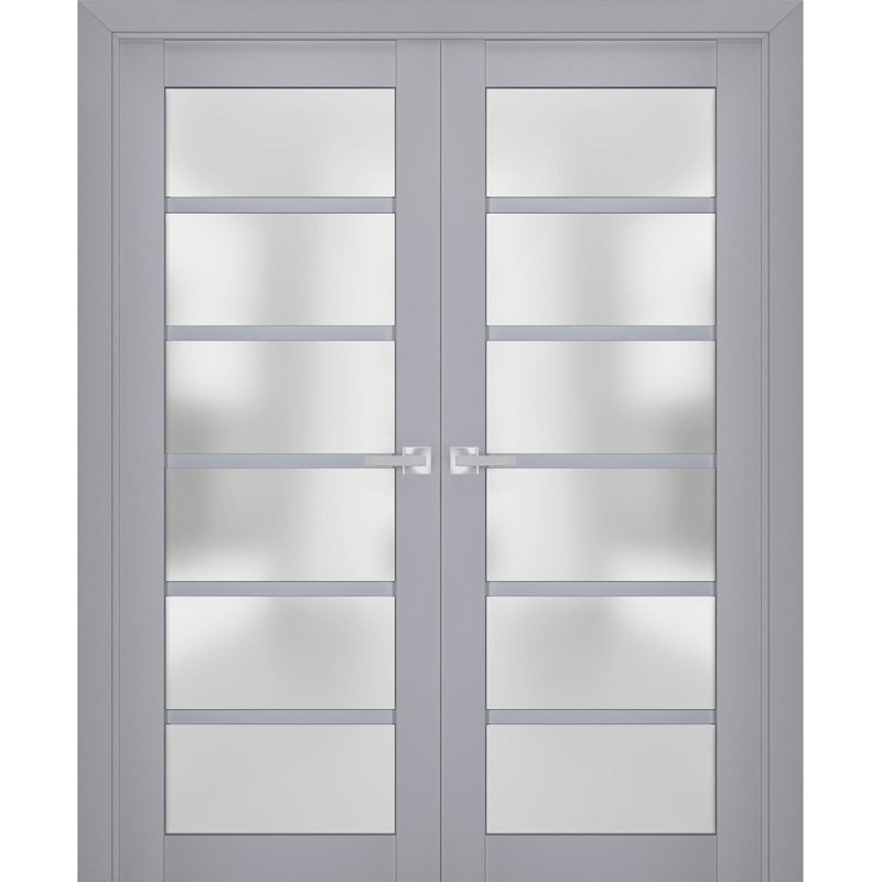 Portes doubles françaises intérieures en verre dépoli Veregio 7602, cadre en bois massif gris mat, portes robustes pour placard ou chambre à coucher, 64 po x 84 po (2 x 32 x 84 po)