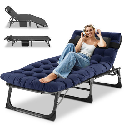 Patio Chaise Lounge Chair, Outdoor Portable Adjustable with 5 Positions Folding Pool Recliner with Mattress Max Weight Capacity 440 lbs