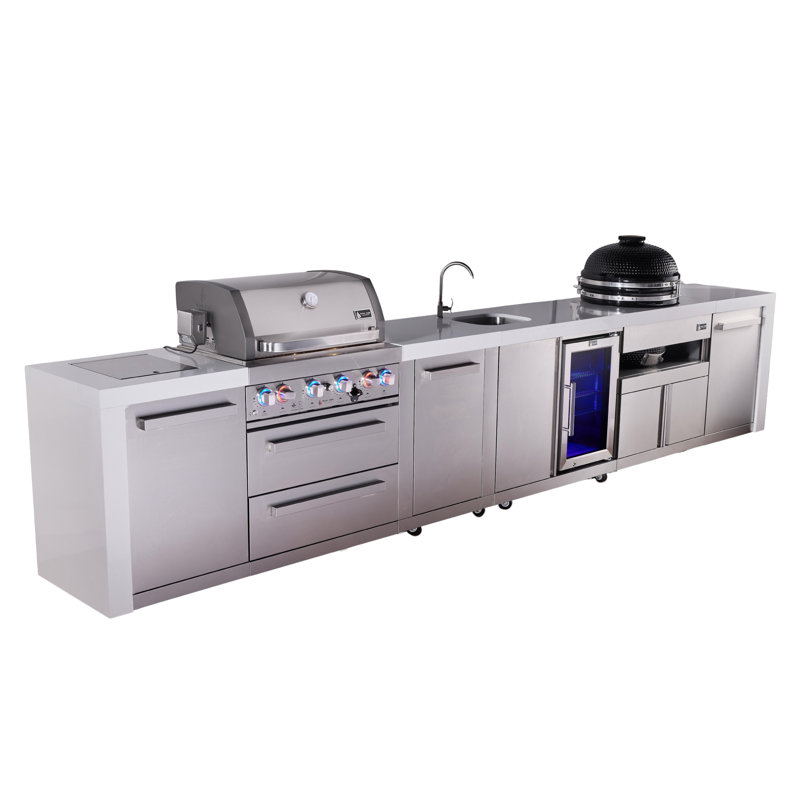 Mont Alpi Premium 4-burner 193" Deluxe Stainless Steel Island Modular Outdoor Kitchen Island Bbq Gas Grill With Beverage Center Faucet & Sink + Refrigerator + Kamado Cart + Storage Drawers & Cabinets
