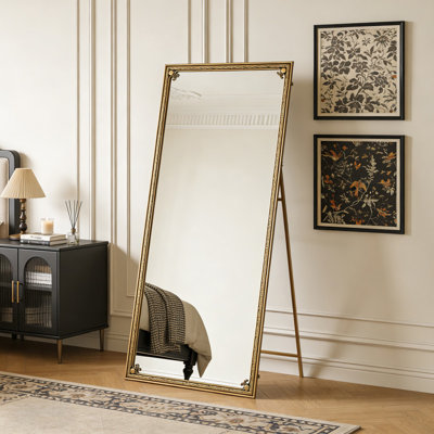 Miroir pleine longueur de 70,1 po x 31,9 po avec support, miroir de plancher doré antique avec film antidéflagrant, miroir de chambre HD sécuritaire pour chambre d'enfant ou salle de bain