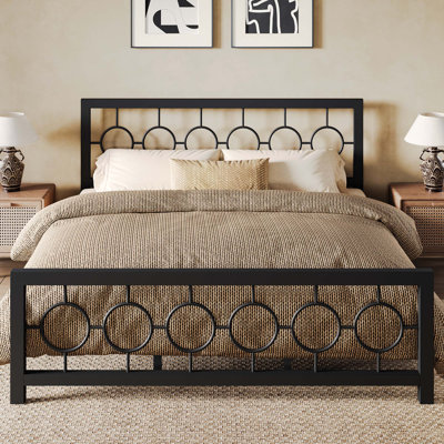 Mauppin Metal Platform Bed With Vintage Circular Design Headboard