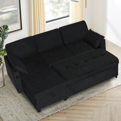 84" Reversible Sectional Pull-Out Sofa Bed With Adjustable Backrest, Modern L-Shape Sofa With Storage Chaise, 3-Seat Convertible Couch With Usb Charging Port For Living Room, Apartment, House