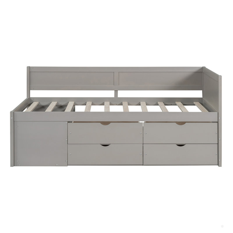 Lit de jour en bois avec tiroirs et tablettes, Gris, Lit simple