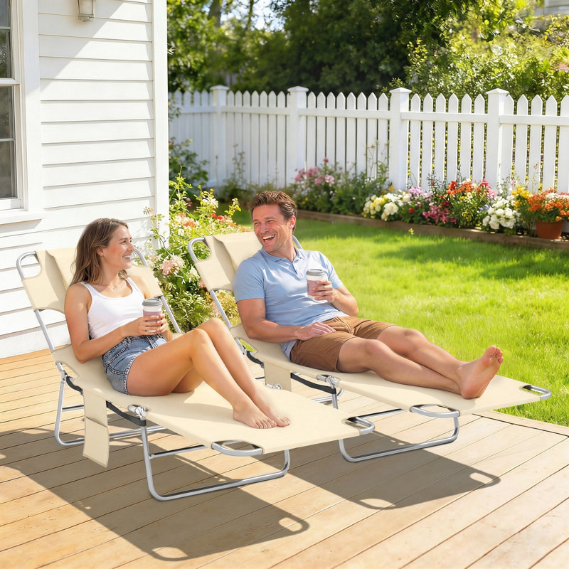 2 Tanning Chairs With Face Hole, 5-Level Adjustable Outdoor Chaise Lounge Chair With Pillow For Beach, Pool, Beige, Beige, 2