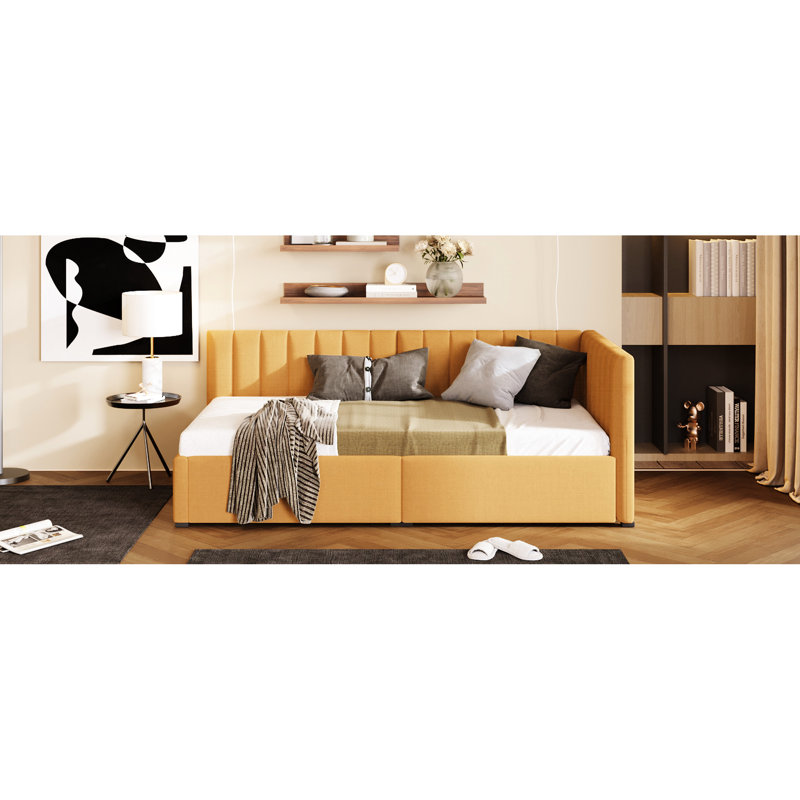 Yellow Linen Upholstered Daybed With 2 Storage Boxes - Bed Frame, , No Box Spring Required For Extra Function Practical Bedroom