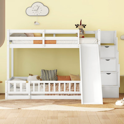 Twin Over Full Bunk Bed With Slide, Storage Staircase, Pine Solid Wooden Bunk Bed With Safety Guardrails