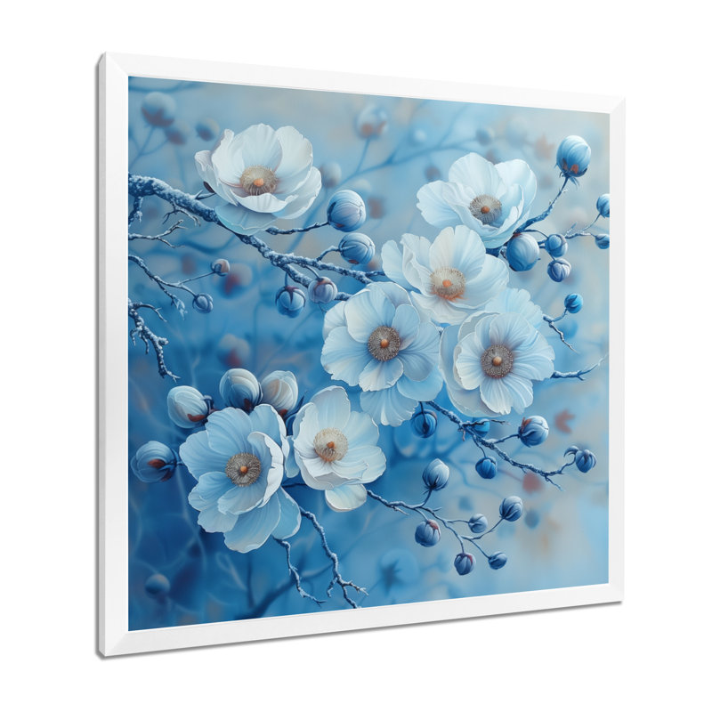 Bleu blanc, coquelicots, hiver, beauté I - coquelicots, art mural, salon, Toile encadrée blanche avec une seule photo