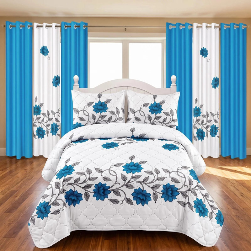 Ensemble de 9 pièces en microfibre bleu cyan à motif floral comprenant un couvre-lit, 2 taies d'oreiller et 6 panneaux de rideaux à œillets filtrant la lumière.