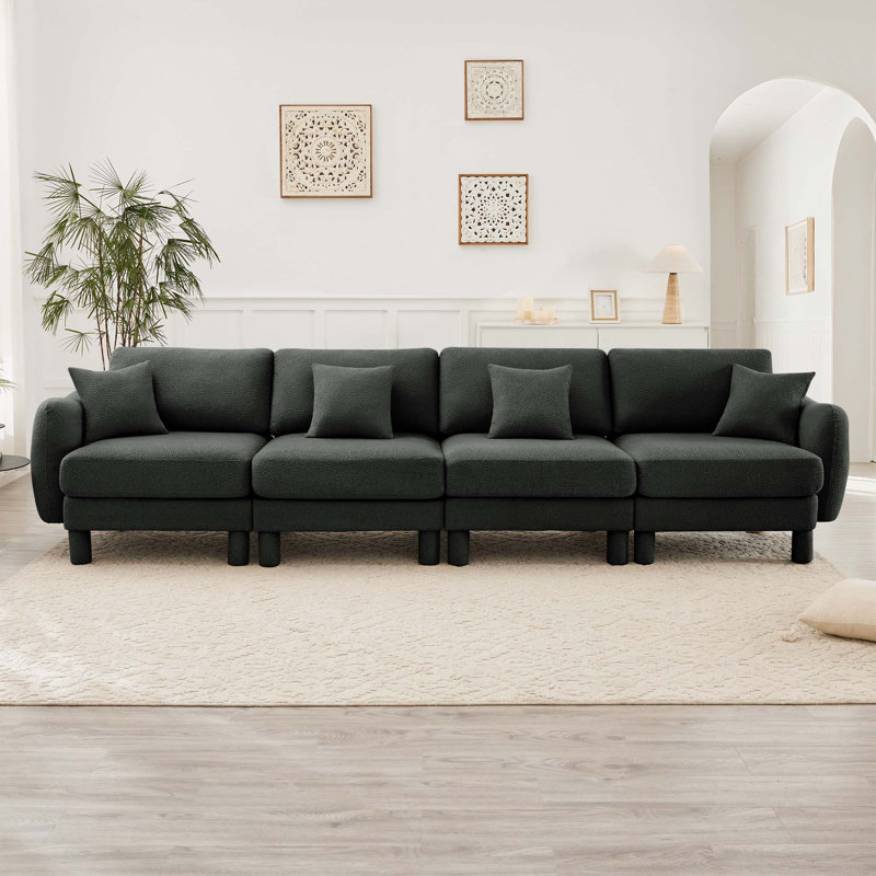 Canapé 4 places Boucle avec accoudoirs en forme de coquillage et pieds cylindriques - enveloppé de tissu, Gris foncé