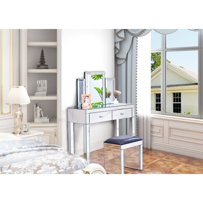 Bureau rectangulaire avec tiroirs et miroir pour la chambre à coucher - Style chic avec miroir 2 tiroirs à fermeture en douceur, moderne, + verre, finition brillante, autoportant