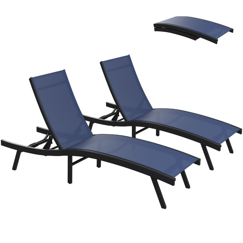 2 PCS All Weather Pool Lounge Chairs Ergonomic Design With Adjustable Backrest, Navy