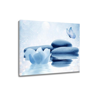 Zen Wall Art Blue Floral Stone and Butterfly Canvas Wall Art Modern Yoga Spa Pictures Wall Decor Framed Artwork for Living Room Bedroom Bathroom Office Decor,12L X 16W inches