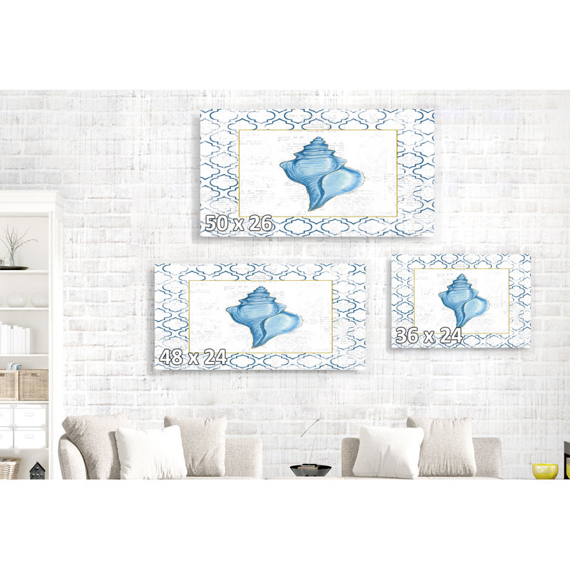 Conch Seashell, Gemoetric Patterned Background On White, 26" H x 50" W x 1.5" D