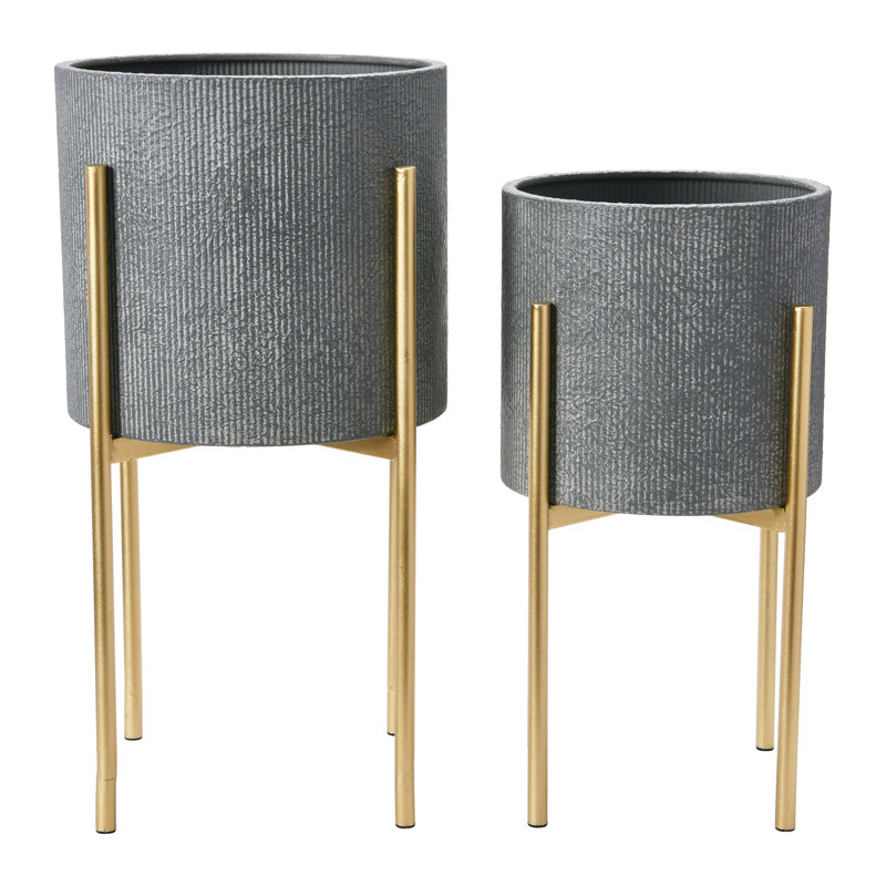 Modern Boho Embossed Metal Planters with Stands, Dark Gray with Gold