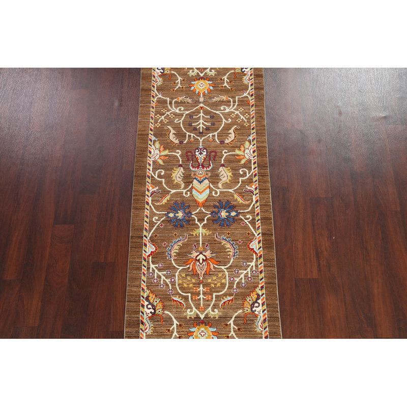 Tapis de couloir brun en laine noué à la main de conception unique 2 pi 8 po x 10 pi 2 po Lucindia