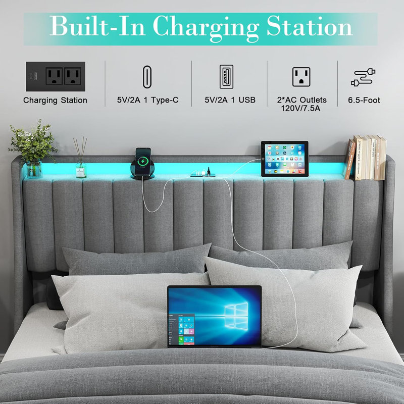 Upholstered LED Bed Frame with 2 Drawers, Bed with Storage Headboard and Charging Station