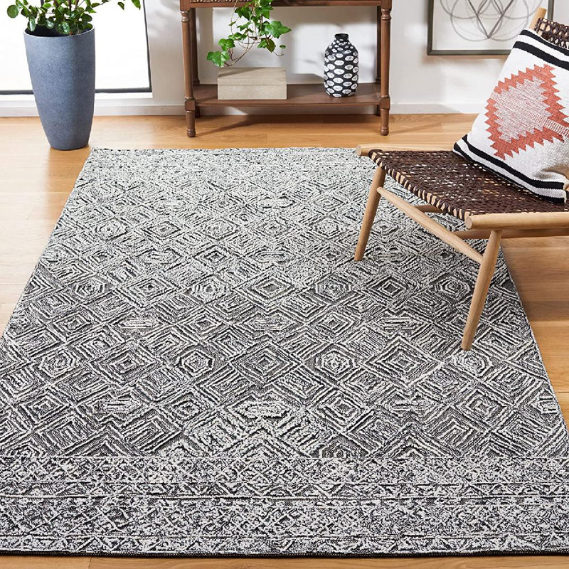 Ginessa Textual Hand Tufted Wool/Cotton Geometric Rug in Gray/Ivory, Rectangle 3'  x 5'