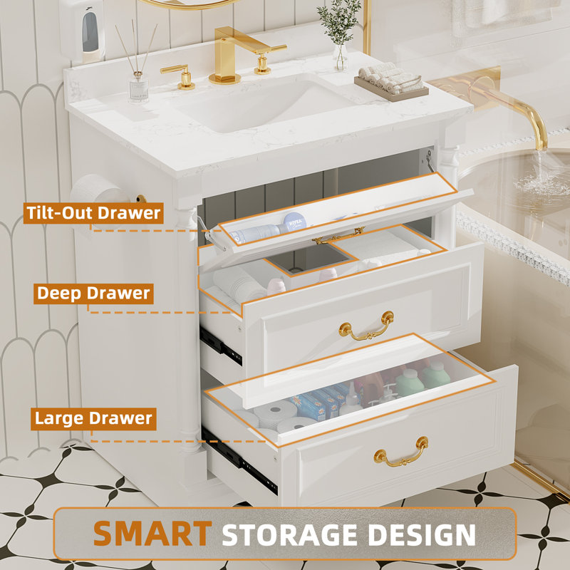  30'' Freestanding Bathroom Vanity with Ceramic Sink, Multi-Tier Storage, White