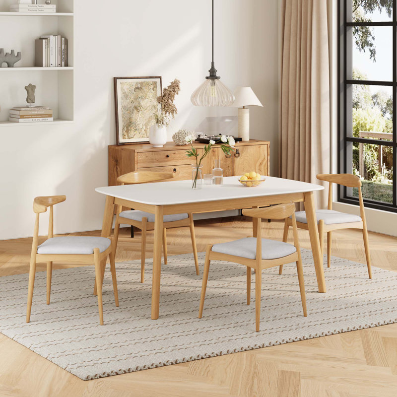 Ensemble de salle à manger 5 pièces Mid-Century Modern - Table en bois massif et 4 chaises, Beige / Naturel