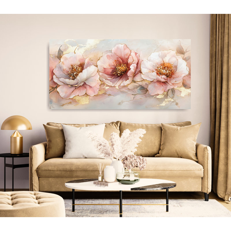 Pivoines roses, toile, art mural de chambre à coucher, peinture de grande fleur, H 40 po x l 80 po x P 1,5 po