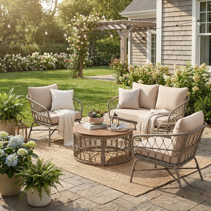 Ensemble de conversation d'extérieur 4 pièces avec coussins amovibles, ensemble de conversation pour patio avec plateau en bois pour la cour, près de la piscine