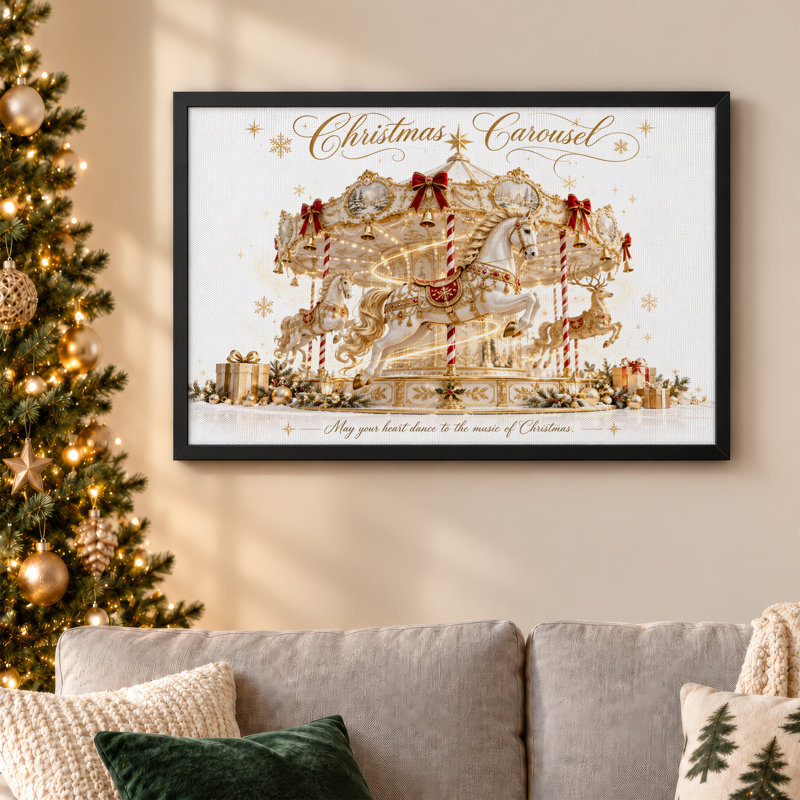 Art mural sur toile Golden Carousel avec chevaux blancs et boucles rouges, H 12 po x l 18 po