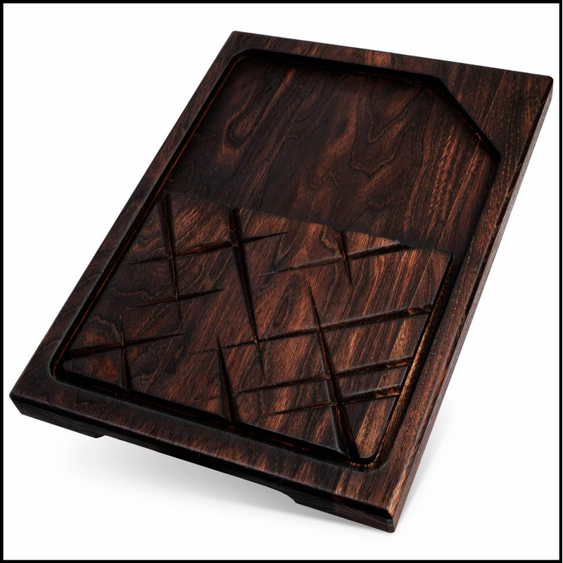 Planche à steak en bois de chêne massif, durable et ergonomique pour barbecue et charcuterie, avec rainure à jus et poignées
