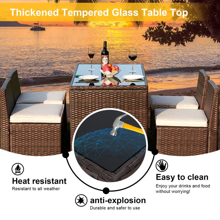 Yushin 5 Pieces Patio Dining Set, Space Saving Wicker Patio Furniture Conversation Set With Glass Table And Seat Cushions, Outdoor Sectional Table And Chairs For Garden, Lawn, Yard, Porch (beige)