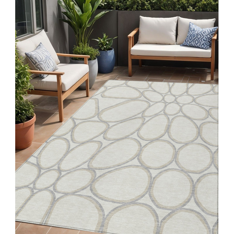 Tapis extérieur lavable abstrait ivoire et gris 5 pi x 8 pi